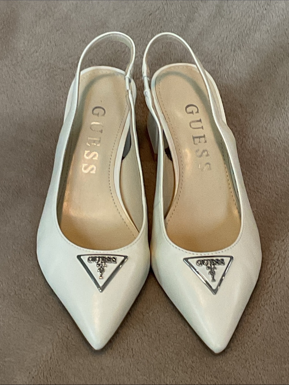 GUESS Ivory Pointed Slingback Mules with Silver Logo Accent size 7